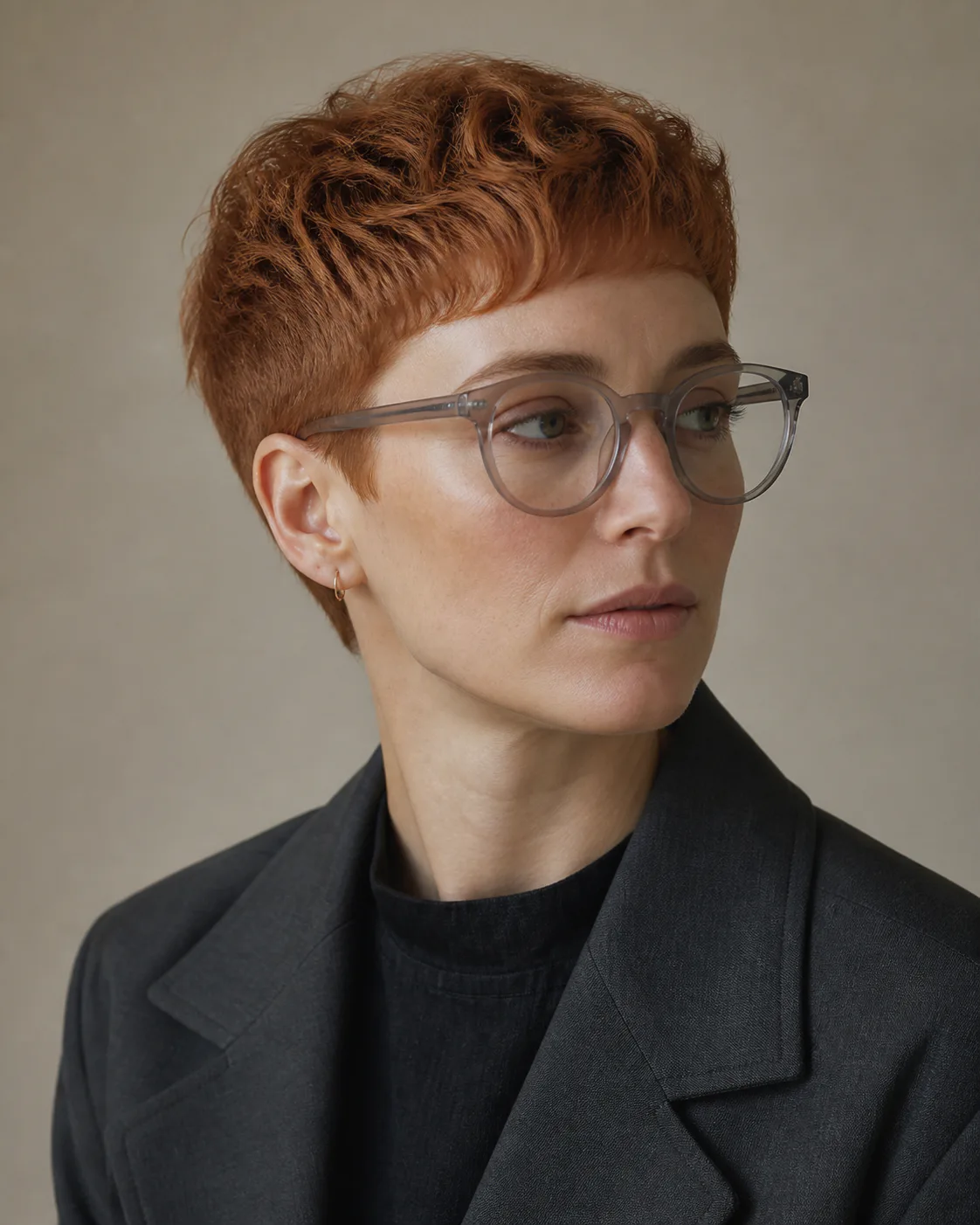Inszeniertes Look-Motiv: kurzes rotes Haar und große Brille